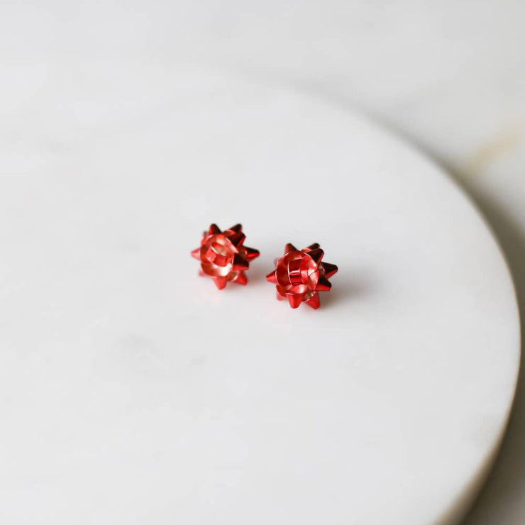 Gift Bow Post Earrings Red